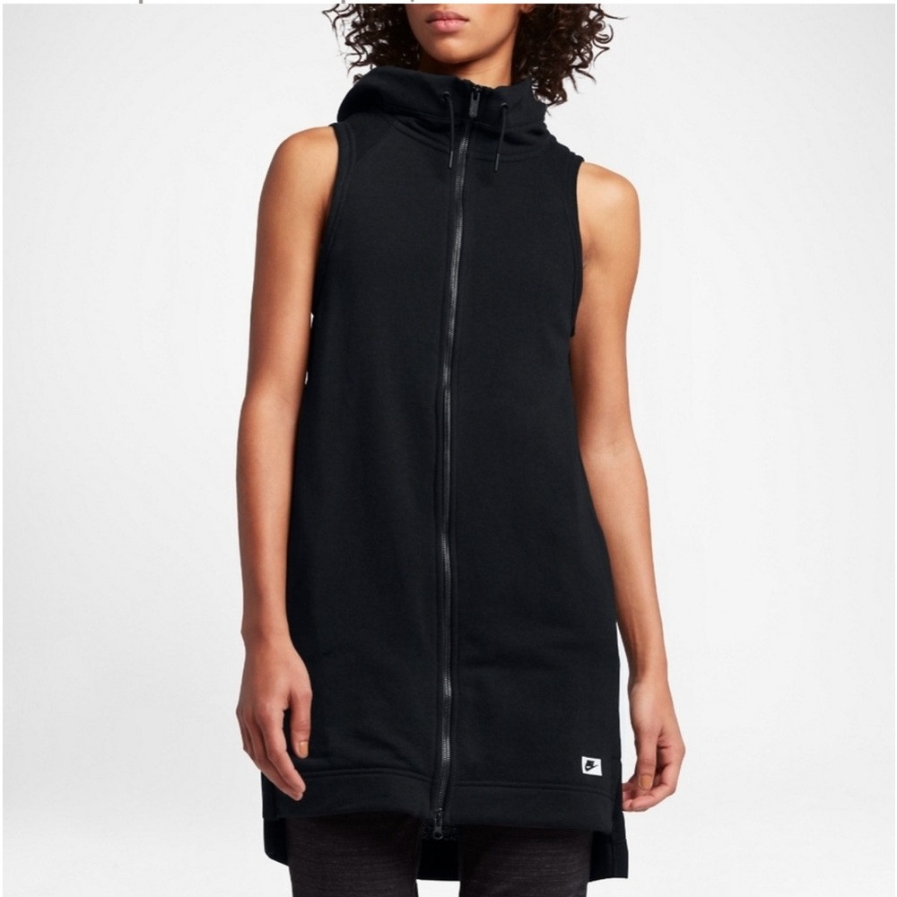 Nike Black Sleeveless Hooded Zip-Front Long Vest